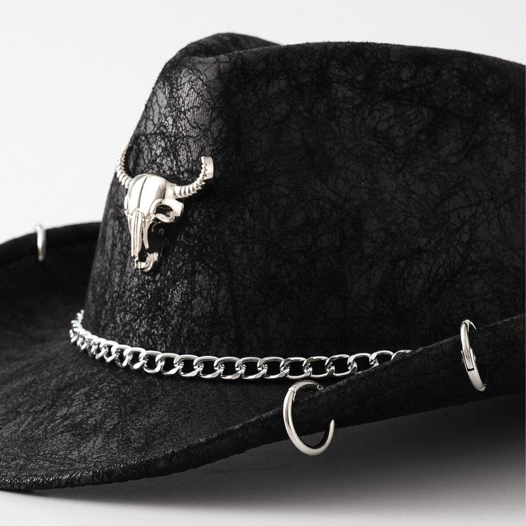 Cowboy Fedora Hat Chain Detail Perforated PU Curved Brim Upturned Edge Western Jazz Style Daily Outdoor Wear for Men Women