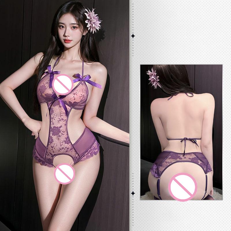 Purple Crotchless Babydolls & Chemises Hot Woman Sexy Bodysuit Teddy Lingerie Naughty Transparent Erotic Costume Porno Underwear