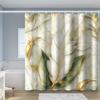 1 Elegant Gold And White Feather Print Shower Curtain With Green Leaves - Luxury Bathroom Decor, Machine Washable Polyester
