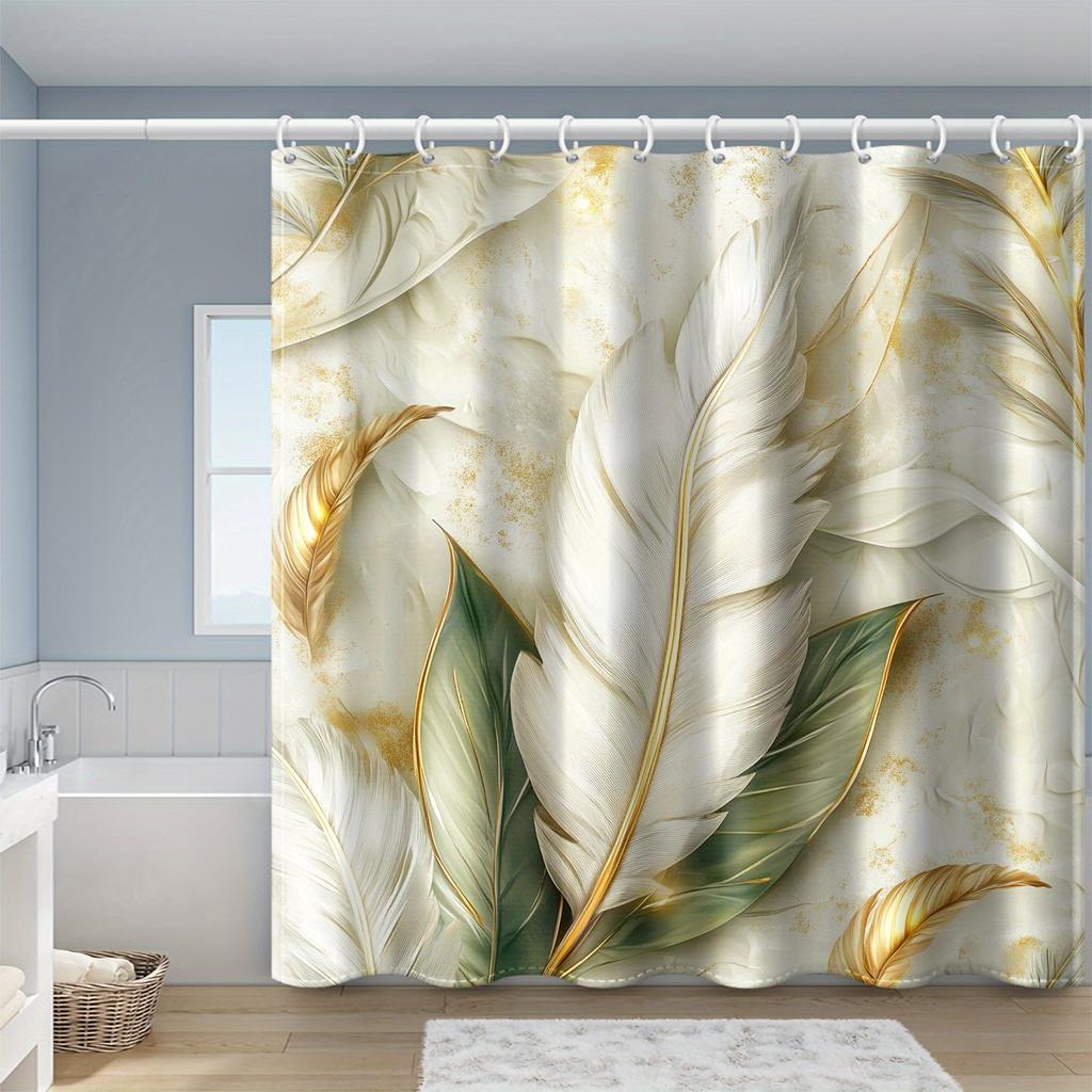 1 Elegant Gold And White Feather Print Shower Curtain With Green Leaves - Luxury Bathroom Decor, Machine Washable Polyester