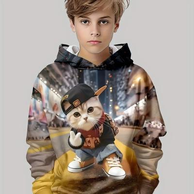 Kinder Cartoon Fun Katze Serie 3D Digitaldruck Junge Hip Hop Persönlichkeit Kapuzensweatshirt