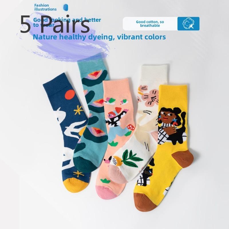 

5 пар женских весенних и осенних мультяшных модных трендовых дезодорирующих носков средней длины из хлопка 5 Pairs