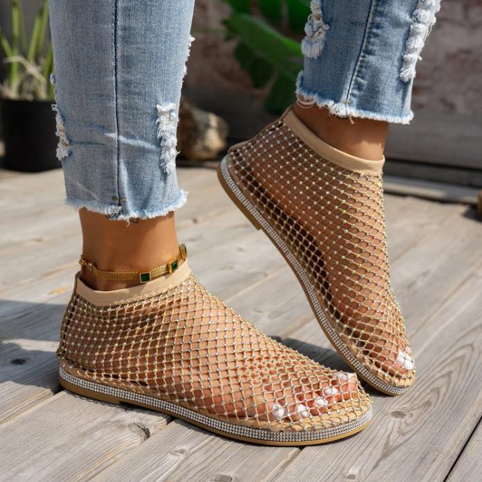 Fashion Women's New Round Toe Luxury  Flat Bottom Hollow Short Boots Water Diamond Sexy Flat Bottom Banquet Sandals