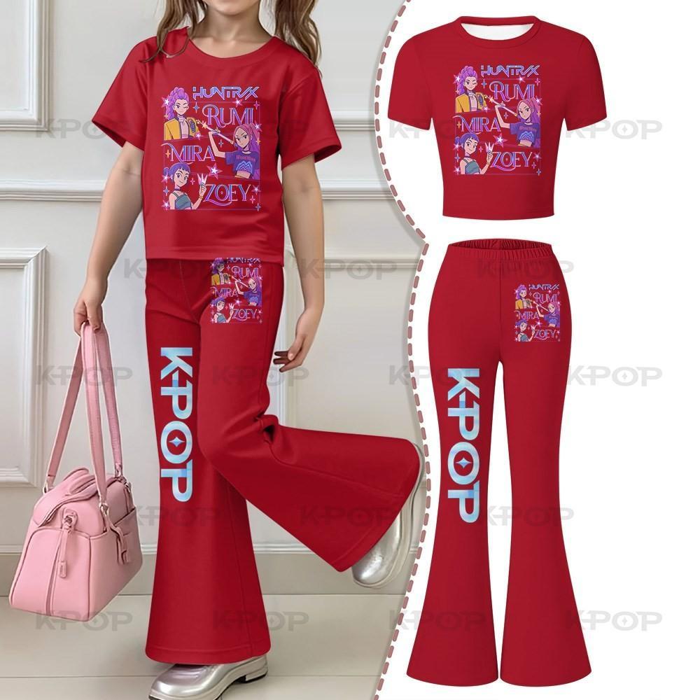 2026 Children's Kpop Hunter Short Sleeve Set Girls' New Style, Regular Short Sleeve Top and Bell Bottom Pants Two Piece Set