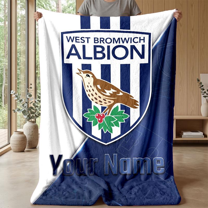 West Bromwich Albion FC Custom Name Text Flannel Blanket Soccer Logo Personalized Fleece Throw Blanket Special Gift For Sofa Bedroom Home
