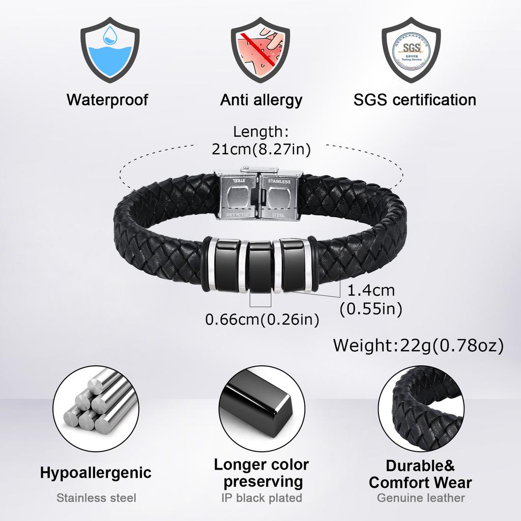 Vnox Free Personalized Family Names Stainless Steel Beads Bracelets Gift for Dad Grandpa, Mens Leather Wristband,Christmas Gift