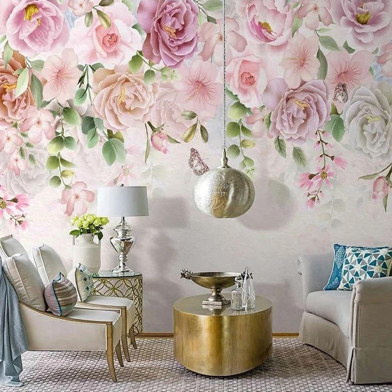 Papier Peint 3d Nordique Peint à la Main Fleurs Romantiques Photo Murale Décor Salon Chambre Peinture Murale 3d