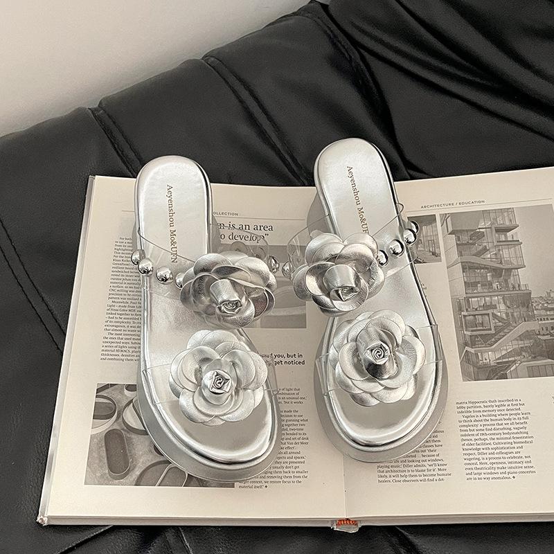 Design Sense Transparent with Flower Pearl Slippers Women's Summer Fashion Casual Thick Bottom Slope Heel Cool Slippers Tide
