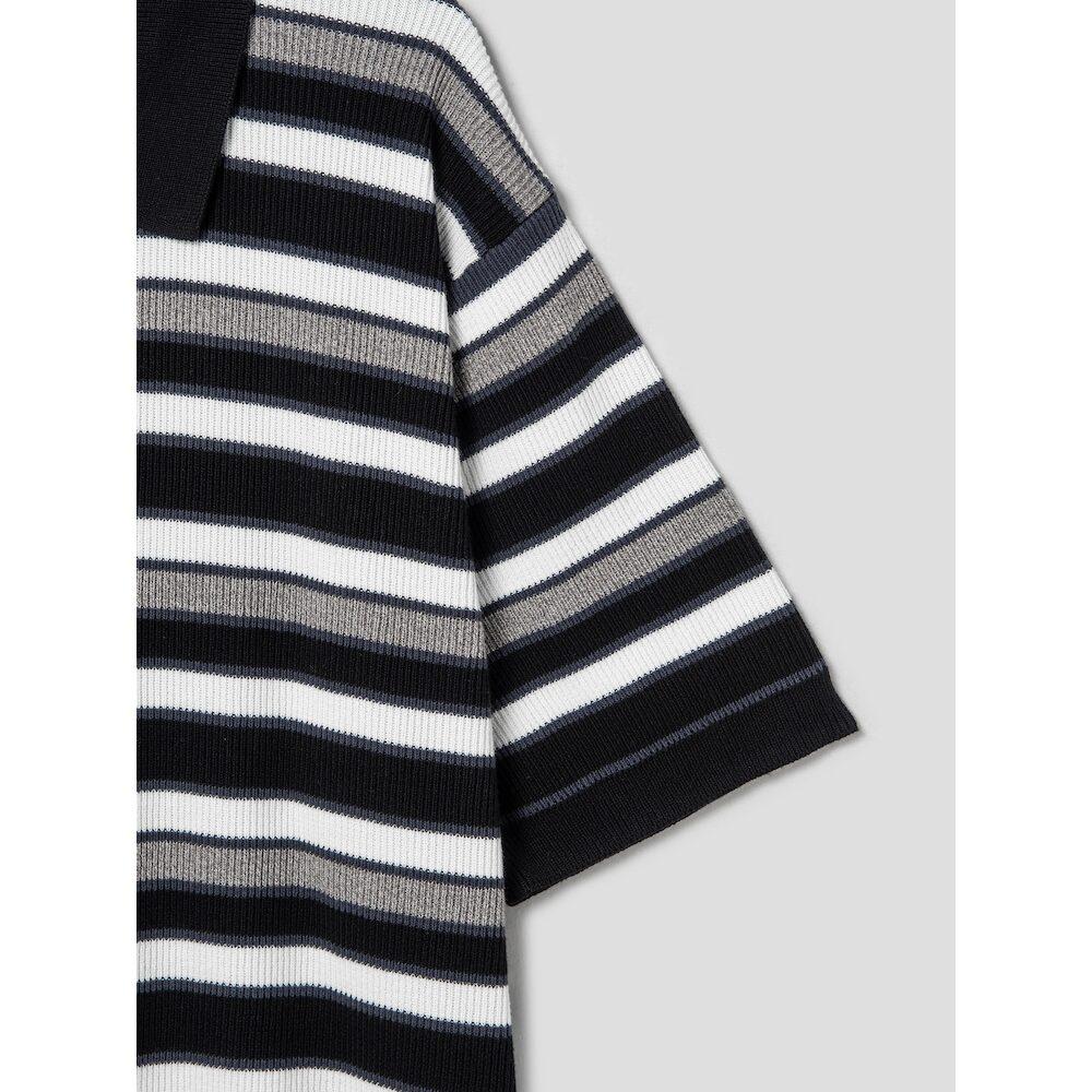 8SECONDS Multi-Stripe Collared Short-Sleeve Knit Black