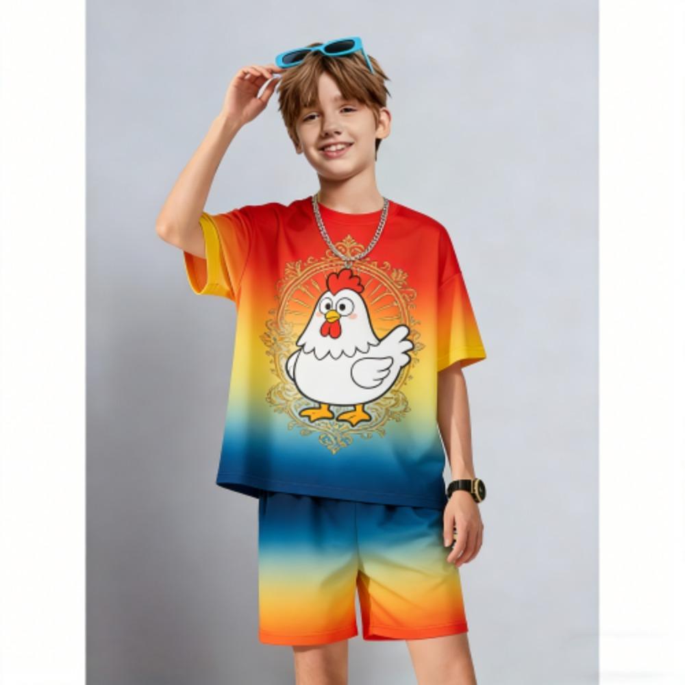 Men's Set Fun Cartoon Chicken Printed Men's T-shirt and Shorts 2 Piece Set Summer Casual Outdoor Men's and Women's Outfit Clothing