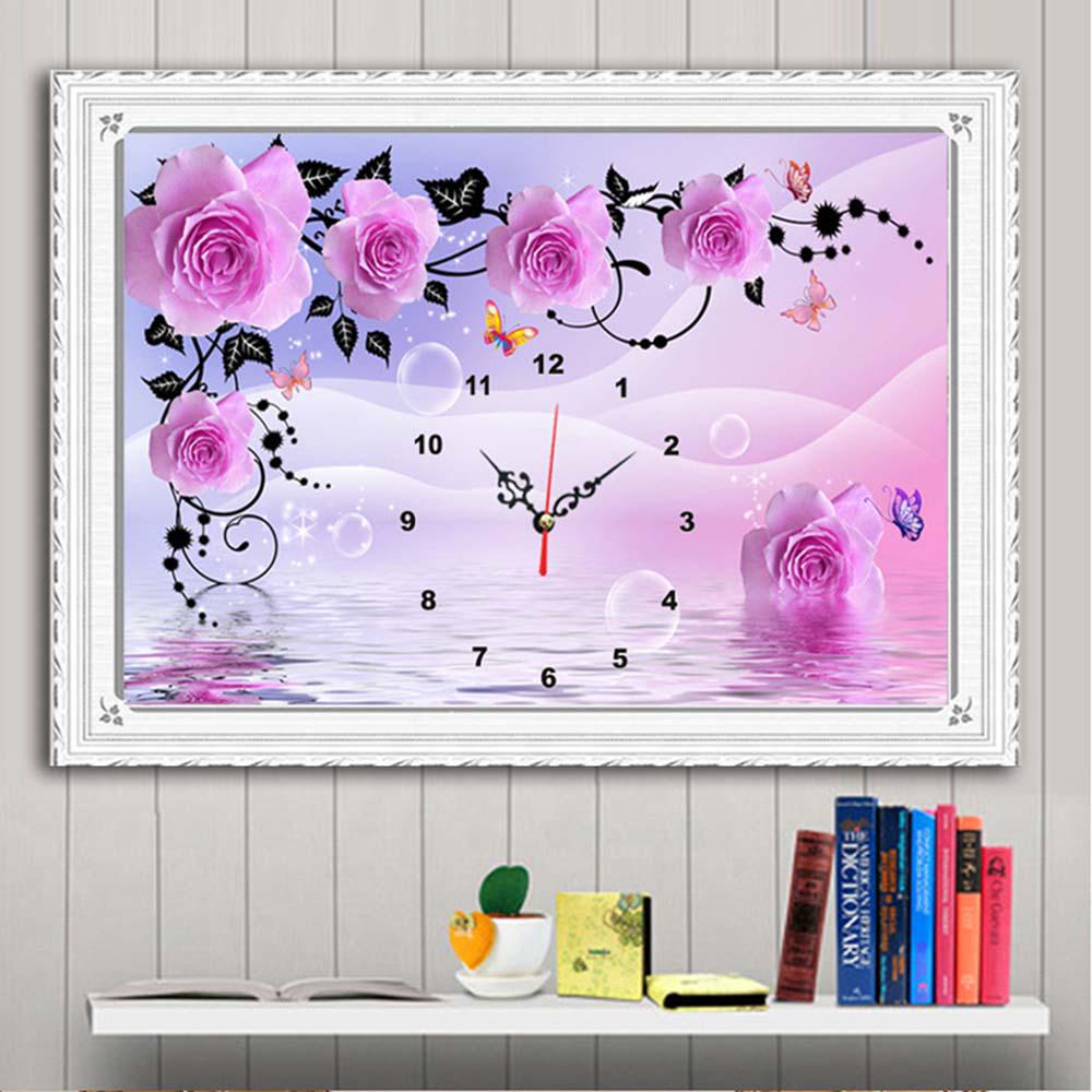 Rose Flowers and Real Clock 5D Full Diamond Painting Embroidery DIY Craft Home Decor Wall Painting Home Entertainment