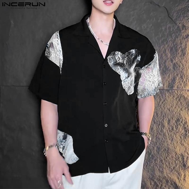 

INCERUN Oversized Men Short Sleeves Lace Patchwork Casual Loose Shirts