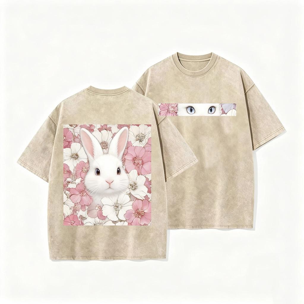 Double Sided Animal Pattern Print Vintage Washed T Shirt Oversized Cotton Aesthetic Kawaii Casual Short Sleeve Streetwear Tee