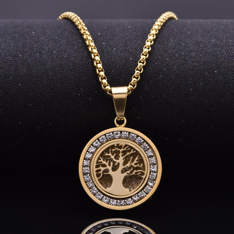 18K Gold Electroplated Cross & Round Zirconia Pendant Necklace - Stainless Steel Lucky Tree Design for Women