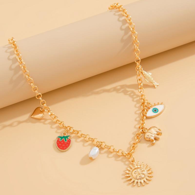 Evil Eye Charms Necklace for Women Cute Creative Heart Gold Color Boho Collars Sun Strawberry Pendant High Quality Party Jewelry