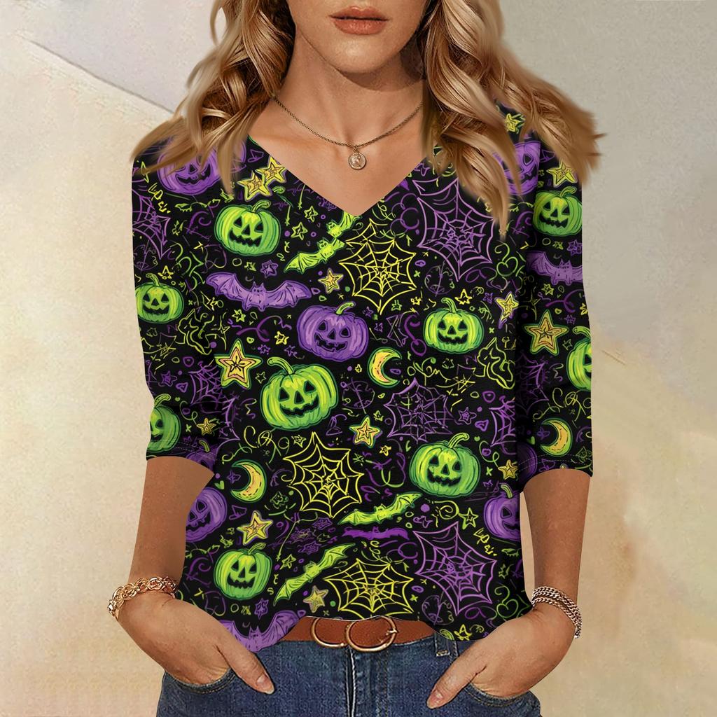 Women V Neck Casual Top Halloween Print 3/4 Sleeve Lightweight Blouse for Everyday Wear Comfortable Fit