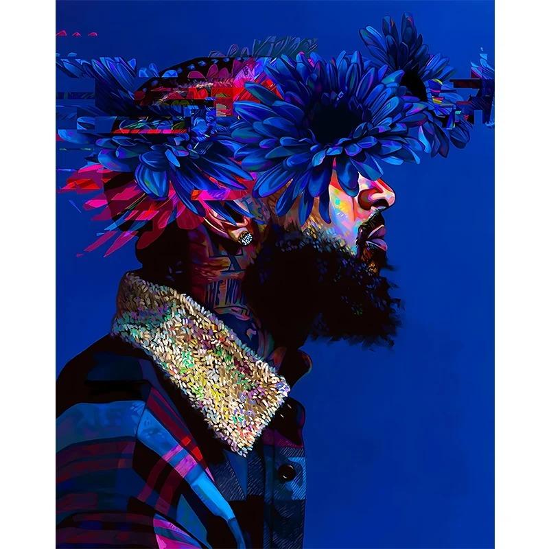 Famous Rapper Star Portrait with Flowers Canvas Painting Hip Hop Singers Abstract Art Posters Prints Wall Art Picture Home Decor