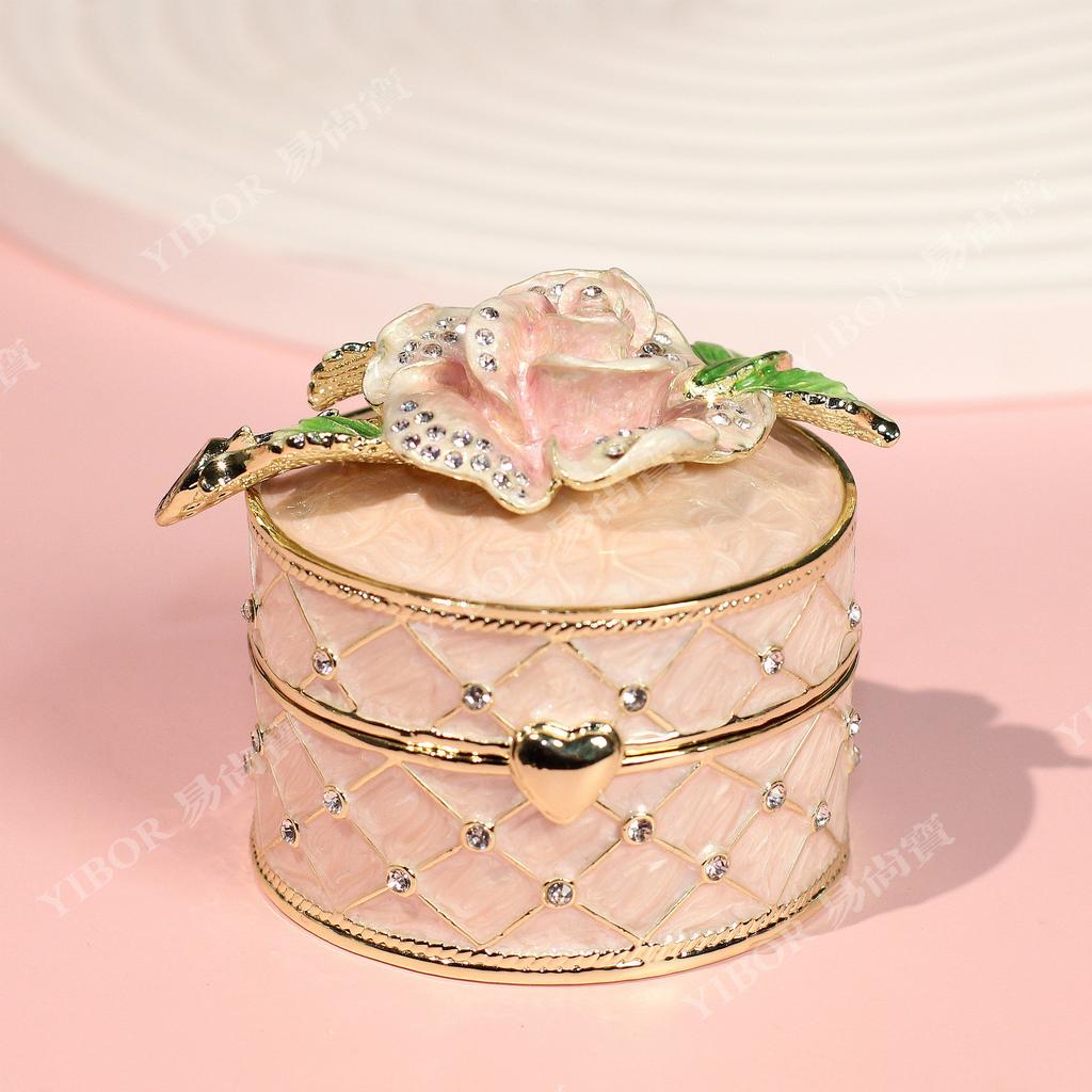 Enamel Rose Flower Jewelry Box, Alloy Light Luxury Ring Holder, Fashion Handicraft Storage Box for Earrings & Necklaces