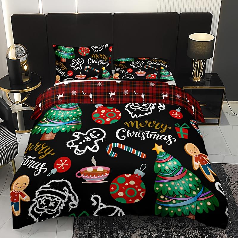 Christmas Soft with Soft Fabric Duvet Cover Set Festive Santa Reinder Snowman Design Machine Washable Includes 1 Soft Duvet Cover 2 Pilowcases