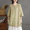 Womens Floral Print V Neck 3/4 Sleeve Linen Blend Loose Tunic Top