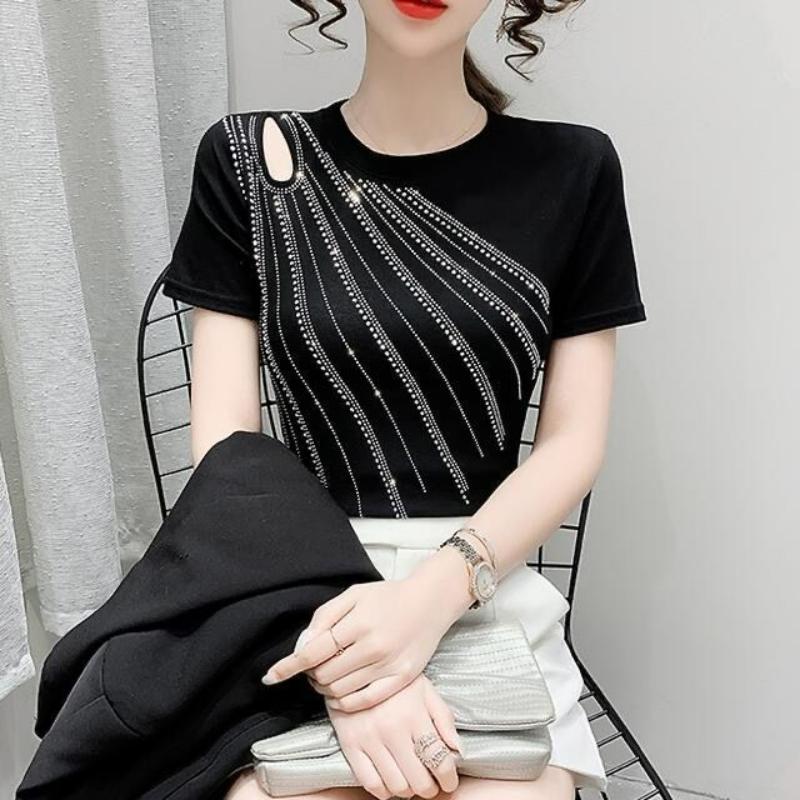 Summer New Hollow Out Heavy Industry Hot Dip Diamond Design Sense Round Neck Short Sleeve T-shirt Women's Fashion Slim Thin Top