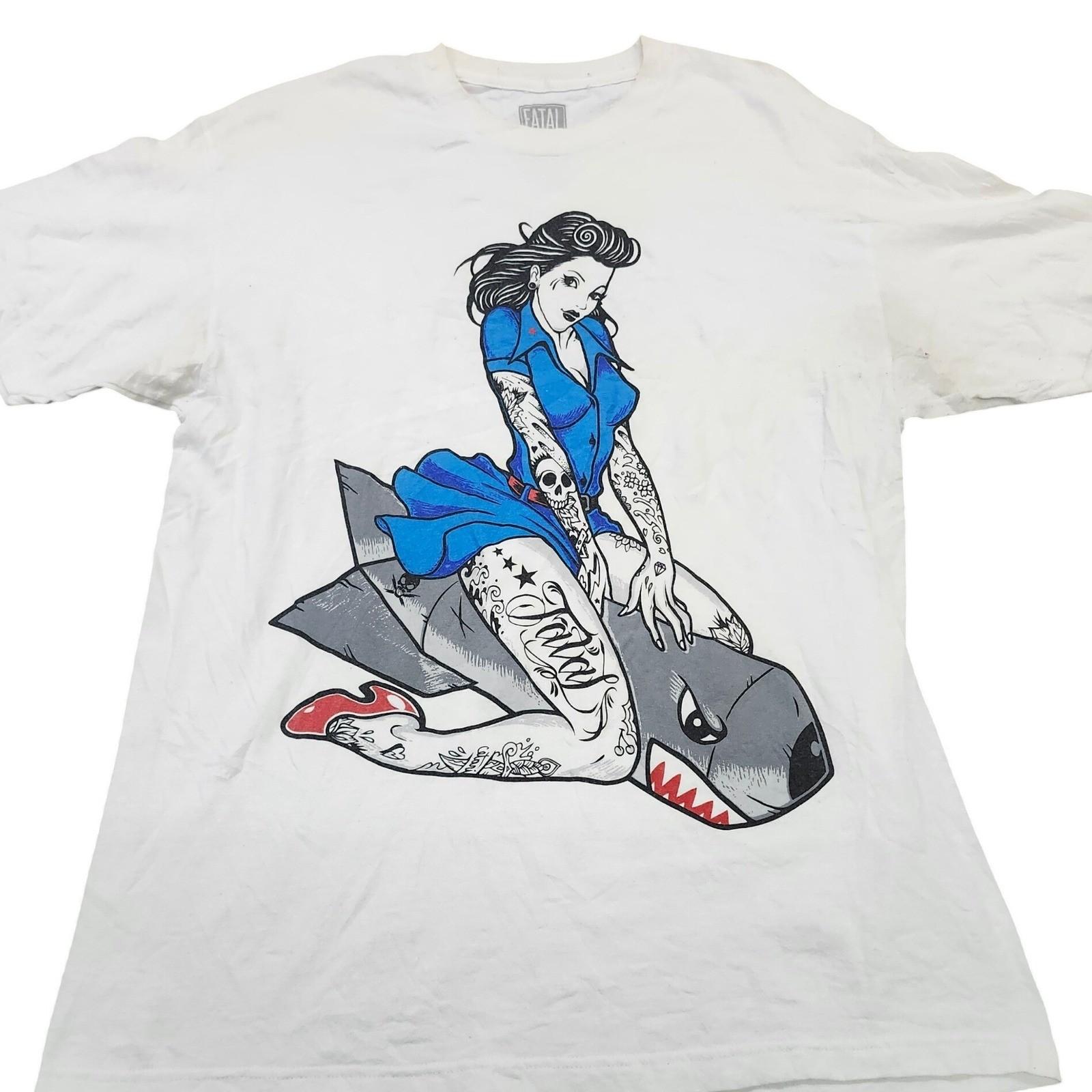 Mens Large White Tattoo Pinup Girl Bomb Graphic Cotton Unisex T-Shirt XXL