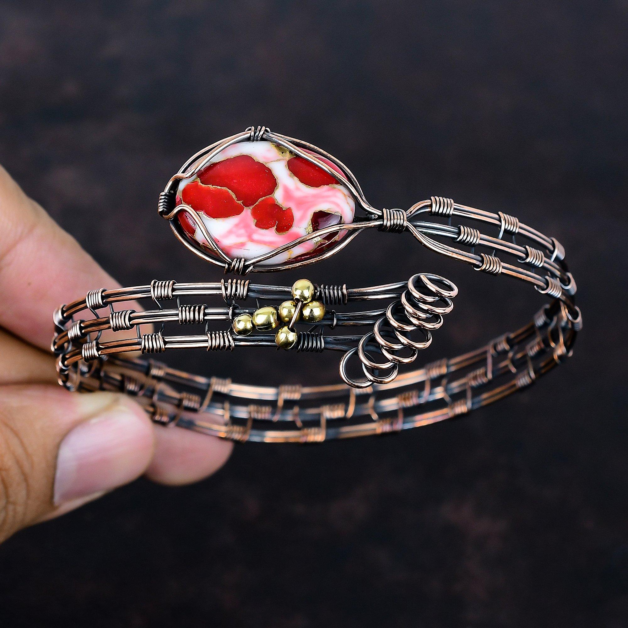 

Кингман красный мохаве медный бирюзовый браслет-манжета из медной проволоки, регулируемый браслет, браслет из драгоценных камней ручной работы, медные украшения из проволоки Adjustable