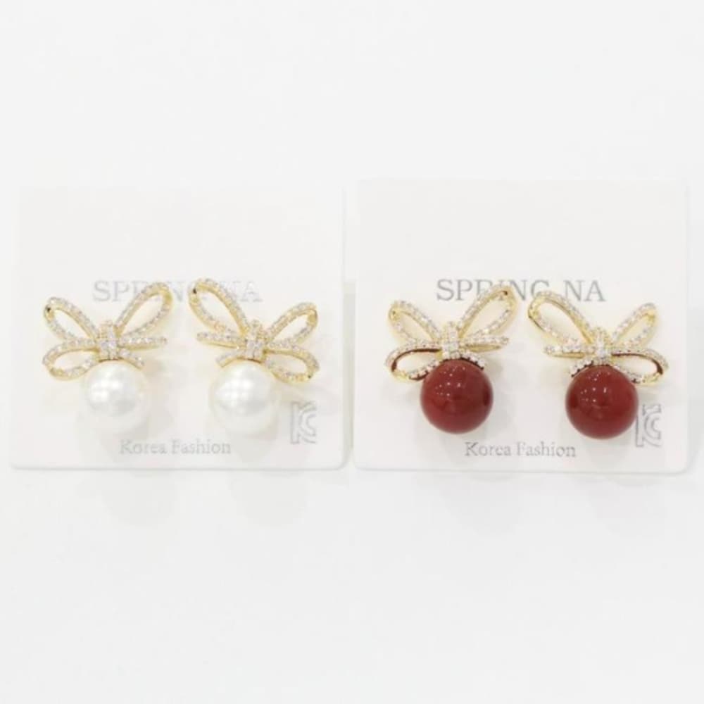 Women's Red Cubic Ribbon White Pearl Silver Pin Earrings (15073408)
