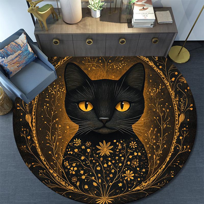 Golden Framed Black Cat Round Area Rug,Carpet Rug for Living Room Bedroom Sofa Playroom Decor,Non-slip Floor Mat