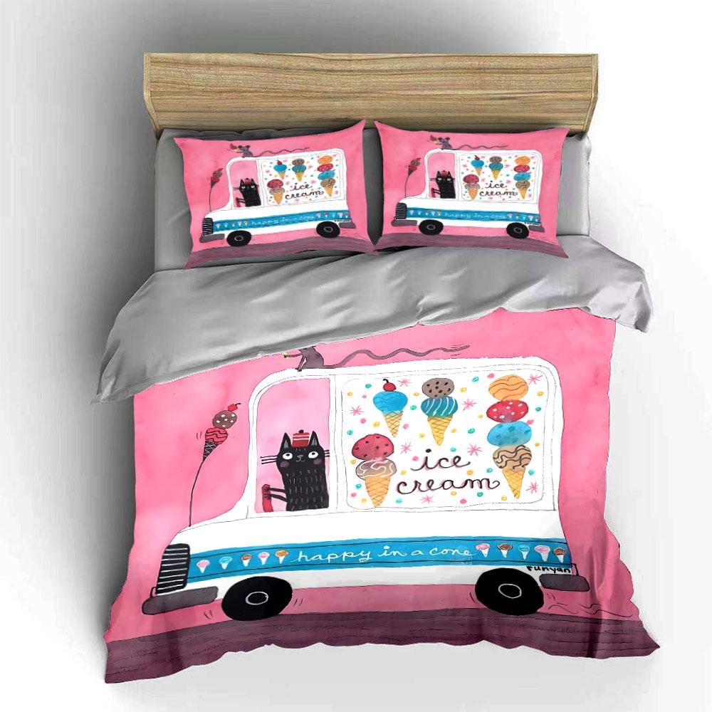 Ice Cream Truck with Cat Print Bedding Duvet Cover Set Duvet Cover Pillowcases (1*Duvet Cover 2*Pillowcases, Without Duvet Insert)