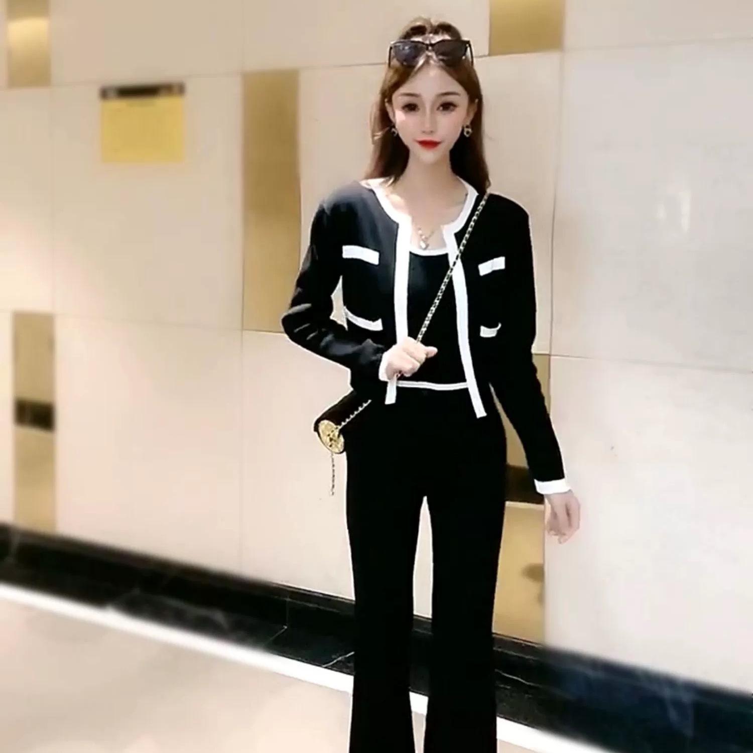 

Socialite Fashion Color Block Camisole, Cardigan, & High Waist Slit Pants Set S (80-90 lbs)