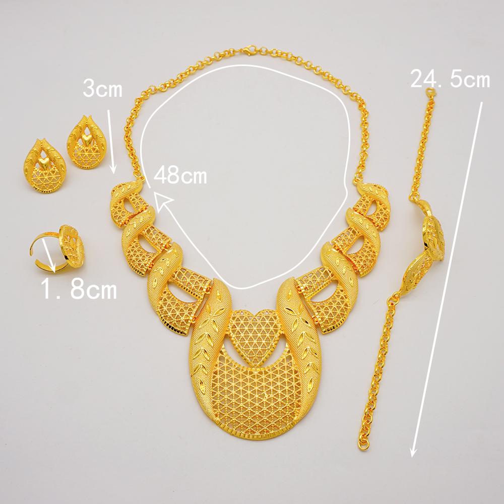 Fashion Indian Dubai Gold Color Jewelry Sets Big Necklace Earring Ring Bracelet Sets For Women African Bridal Wedding Gifts