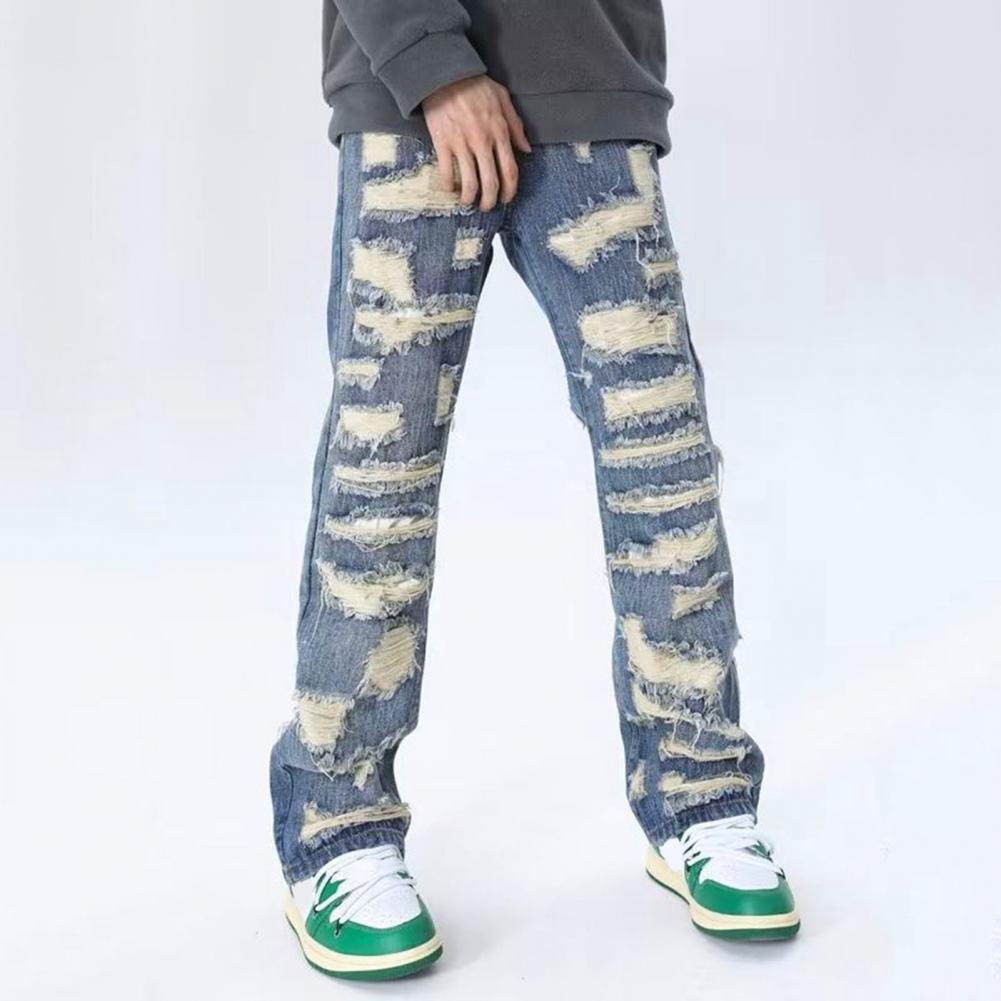 Pánské džíny Distressed Washed Vintage Denim Kalhoty se 4 hlubokými kapsami Džínové kalhoty s rovnými nohama ve stylu High Street