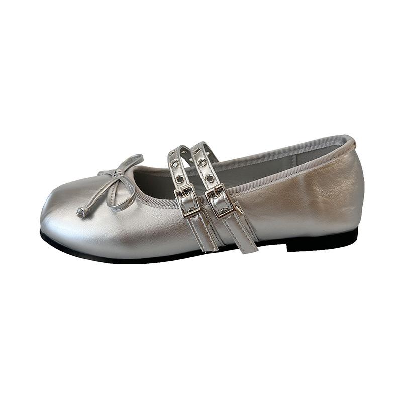 Retro Mary Jane Shoes Women's New Bow Buckle Belt Flat Bottom Inner Height Increase Single Shoes Ballet Leather Shoes