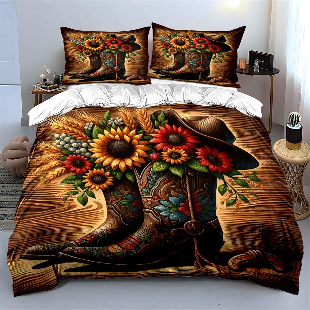 Western Boots with Sunflowers Bedding Duvet Cover Set  (1*Duvet Cover 2*Pillowcases, without duvet insert)