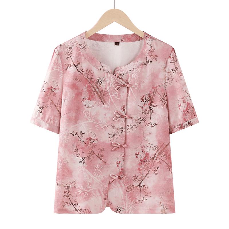 Yuzhaolin New Chinese Style Frog Button Printed Short Sleeve Top XL