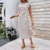 Sommer Damen Langer Rock O-Ausschnitt Kurzarm Gestreift Tailliert Mode Schlank-schlank Urlaub Party Freizeitkleid
