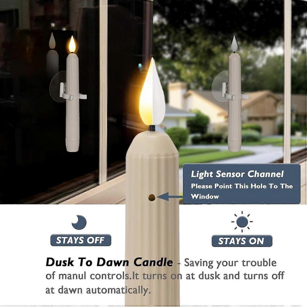 6 Pcs Window Candles With Sensor Dusk To Dawn - Ivory Stripped Candlesticks With Suction Cups, Roman Column Battery Operated Flameless LED Taper for C