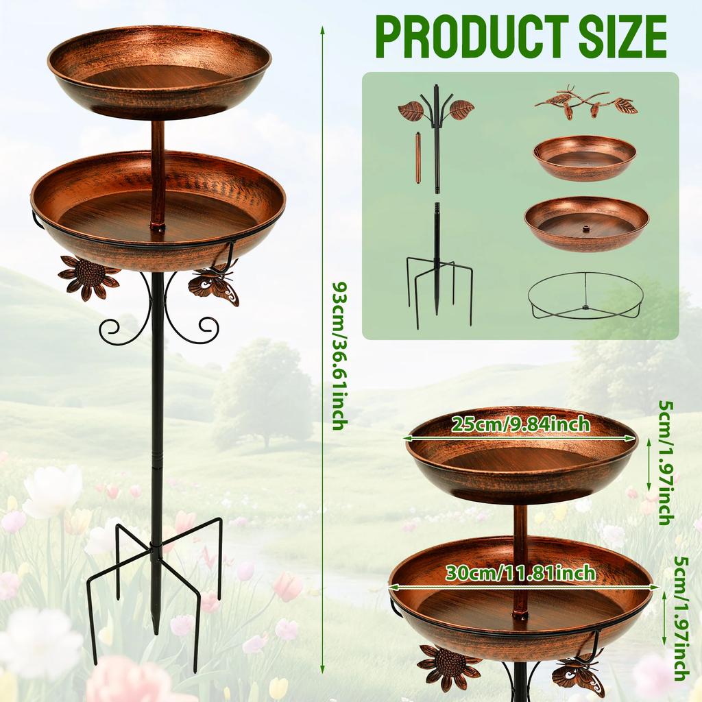 2-Layer Bird Feeder Iron Parrot Bird Birdtub with 5 Pronged Base Large Capacity Feeding Bird Bath Spike for Outdoor Garden Decor