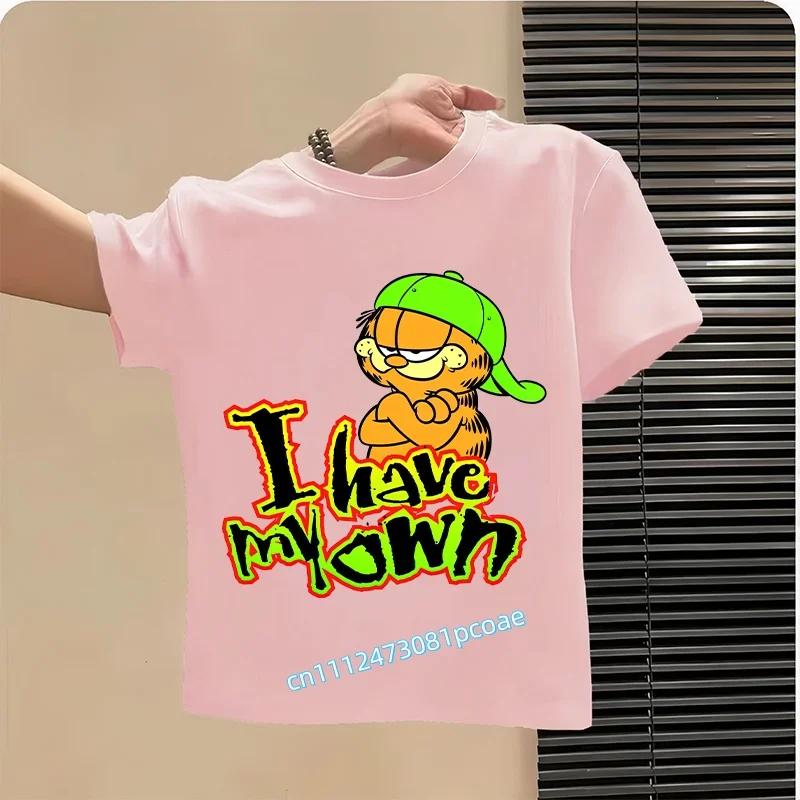 boys' sports shirt, girls' casual top with cartoon print, summer T-shirt Garfield's new children's pure polyester short-sleeved