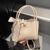 Fashion Vintage Bucket Bag Women PU Leather Top Handle Bag with Checkered Scarf Bow Large Capacity Shoulder Bag for Daily Commute and Outings