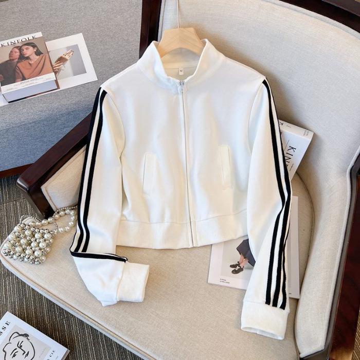 

Women s Chic Striped Cotton Jacket - White Series, Slim-Fit, Long-Sleeved, Casual Sports Style for Autumn/Winter. L белый