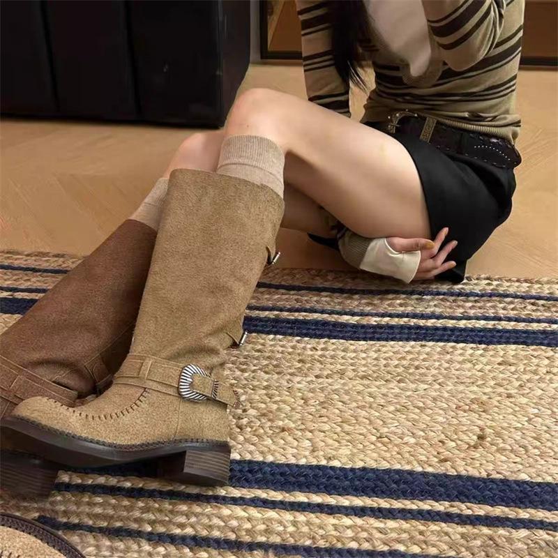 Frosted retro boots women's 2025 autumn new belt buckle knight boots but knee two wear boots boots tide