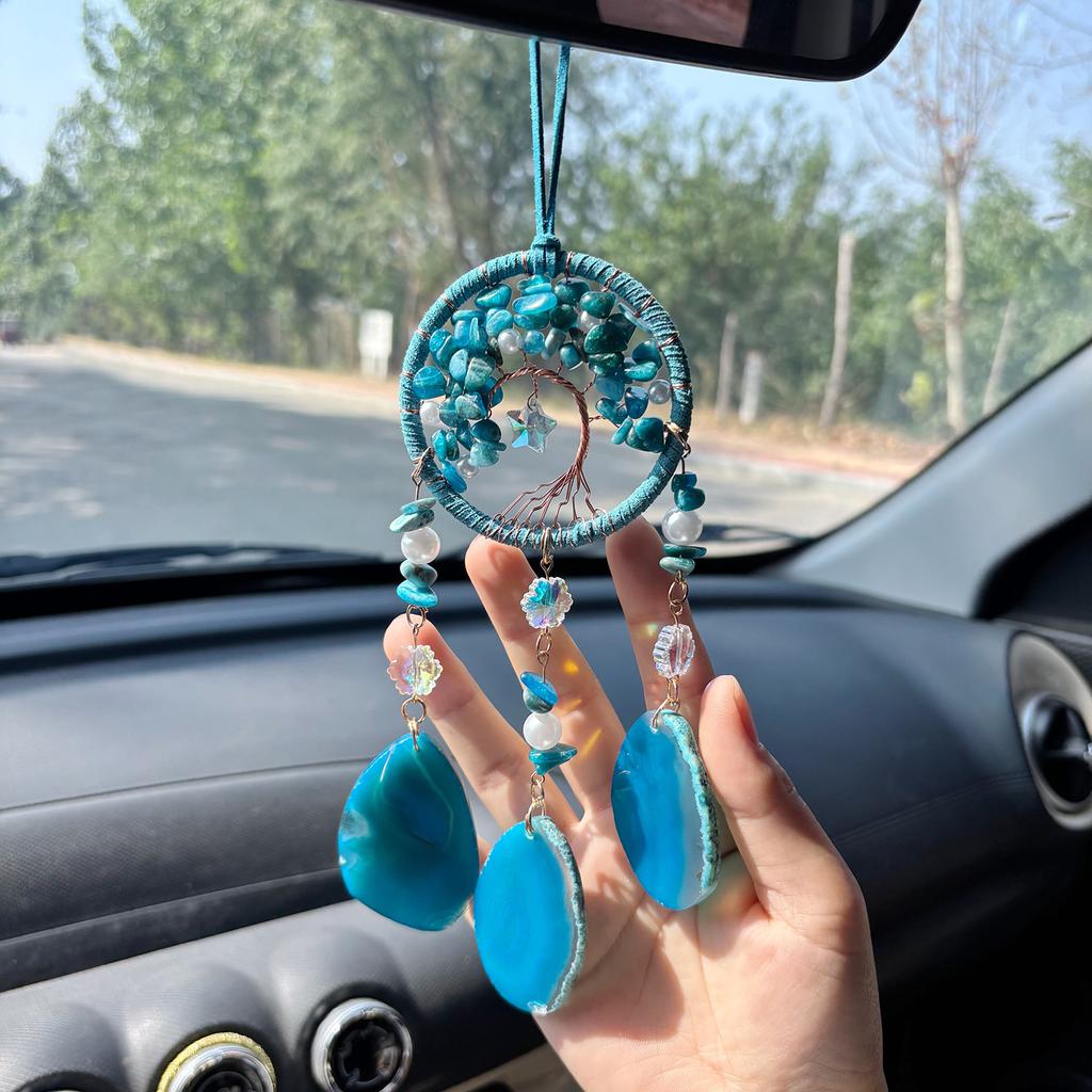 Blue Tree Life Handmade Suncatcher Natural Crystal Stones Agate Pendant Floral Pattern for Home Car Decor Dream Catcher Ornament