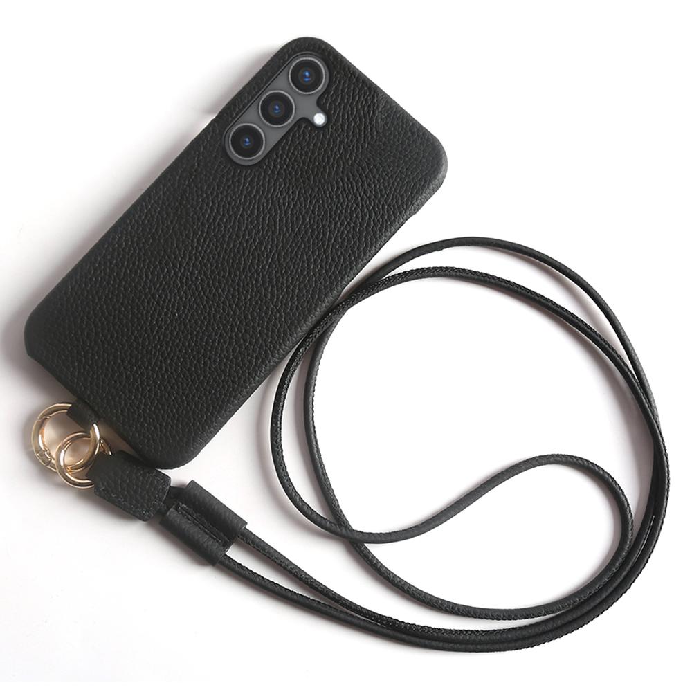 

For Samsung Galaxy S24 Case with Lanyard Genuine Cow Leather PC Phone Back Cover Black