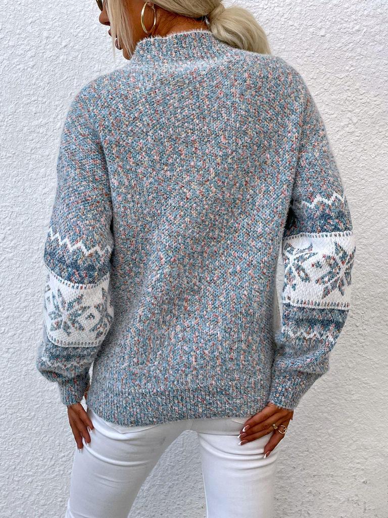 Women's Autumn/Winter Snowflake Pullover Sweater with Semi-High Neck