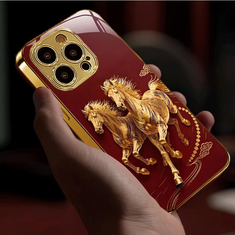 Golden Horse red tempered glass phone case suitable for iPhone 17 16 15 14 13 12 11 Pro/Max/Plus anti drop and shockproof