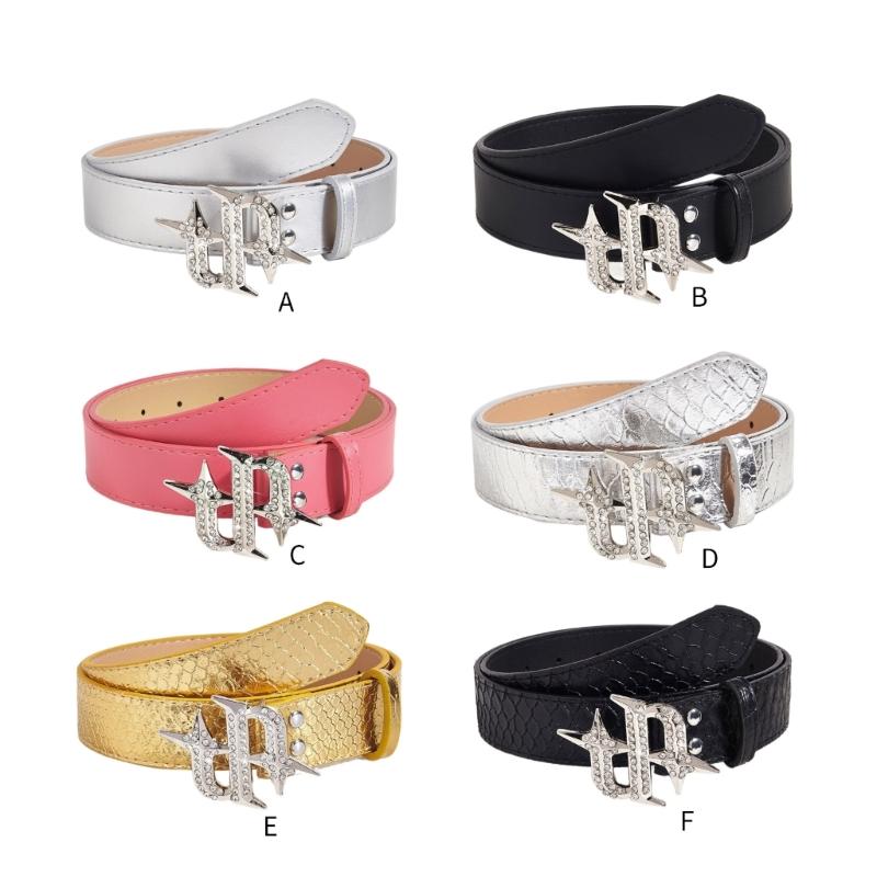 Punk PU Waist Belt for Jean Rock and Roll Hip Hop Studded Belt Waistband Glinting Buckle with Encrusted Rhinestones