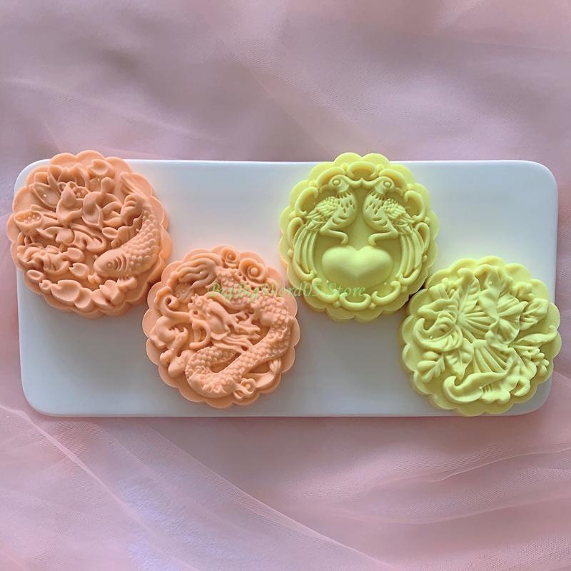 24TE DIY 3D Mooncake Mold Set 150g Dragons Fish Pattern Plastic Moon Cake Mold Press Safe Cookie Mold for Mid-Autumn Festival