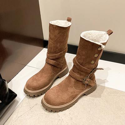 Autumn Fashion New Women's Comfortable Solid Color Round Toe Buckle Decorated Mid-calf Fashion Boots